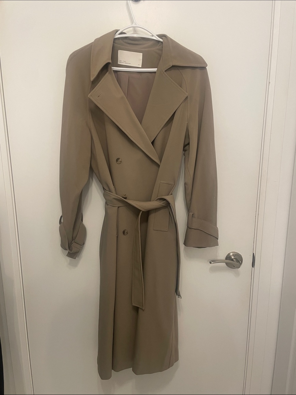 OAK + FORT Long Double-Breasted Trench Coat in Taupe